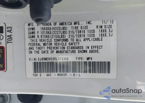 2014 Honda Cr-V Lx from USA, damaged, VIN 5J6RM3H30EL015366